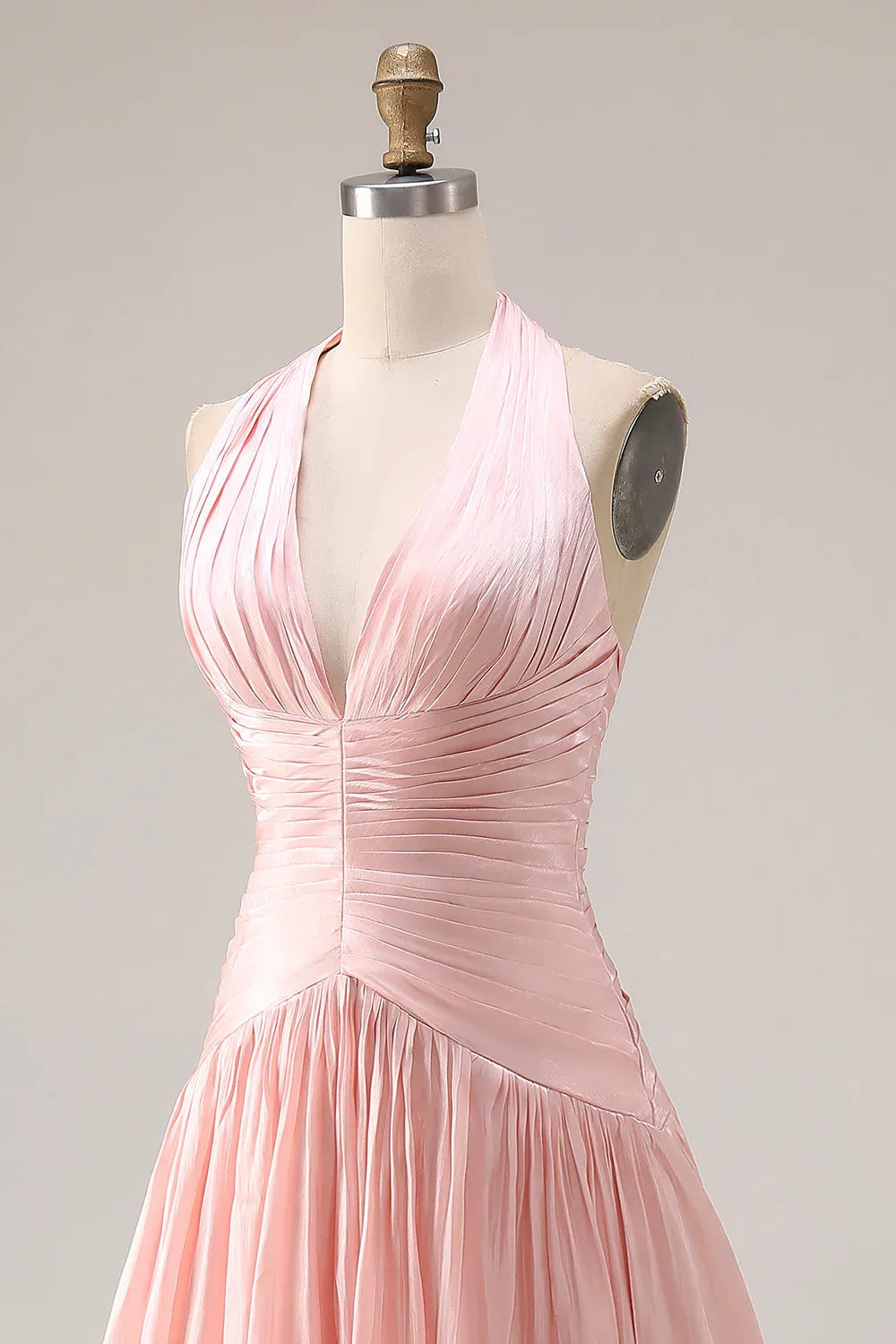 Halter V Nek Ruched Halter Blush Long Prom Dress With Slit