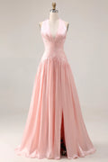 Halter V Nek Ruched Halter Blush Long Prom Dress With Slit