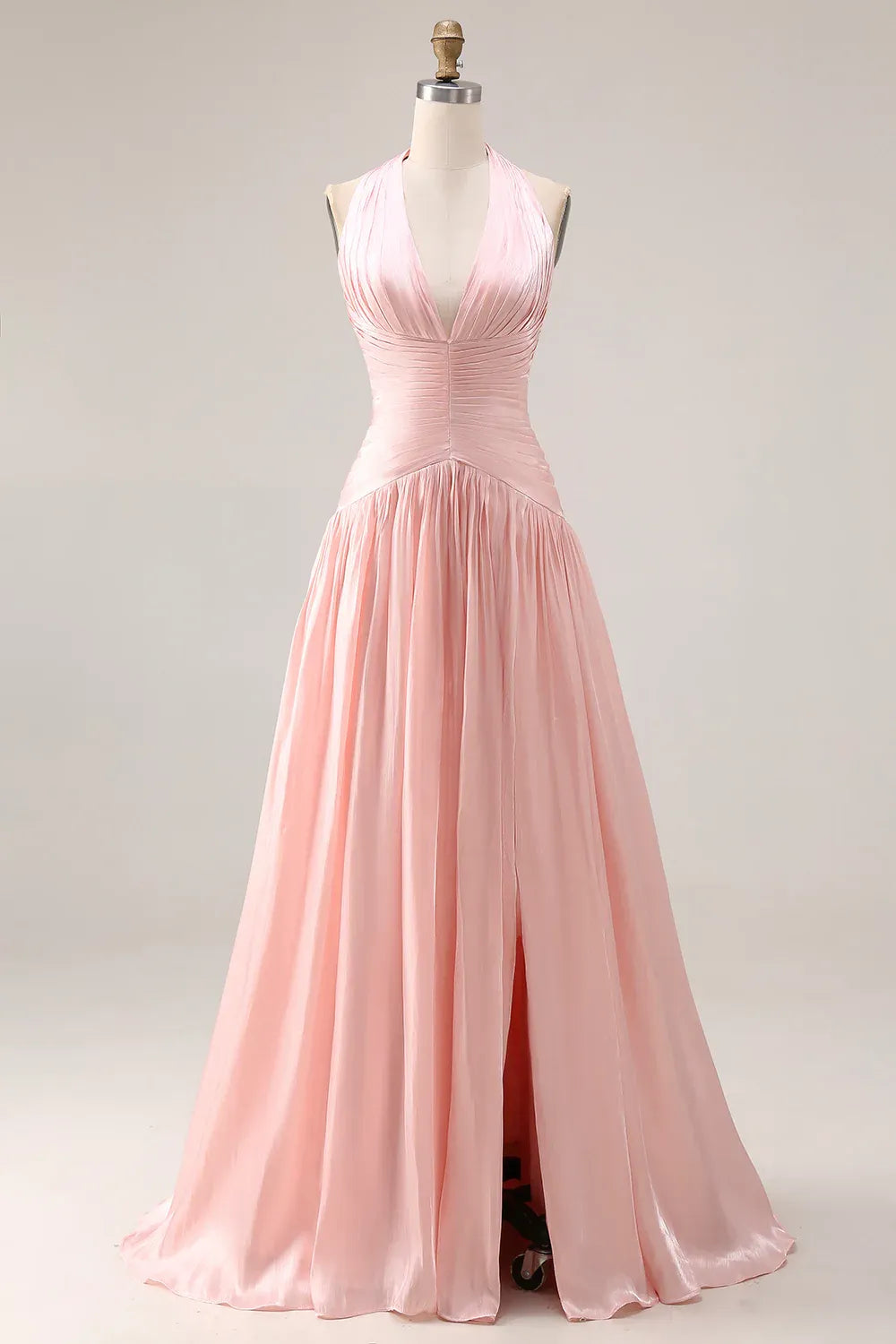 Halter V Nek Ruched Halter Blush Long Prom Dress With Slit