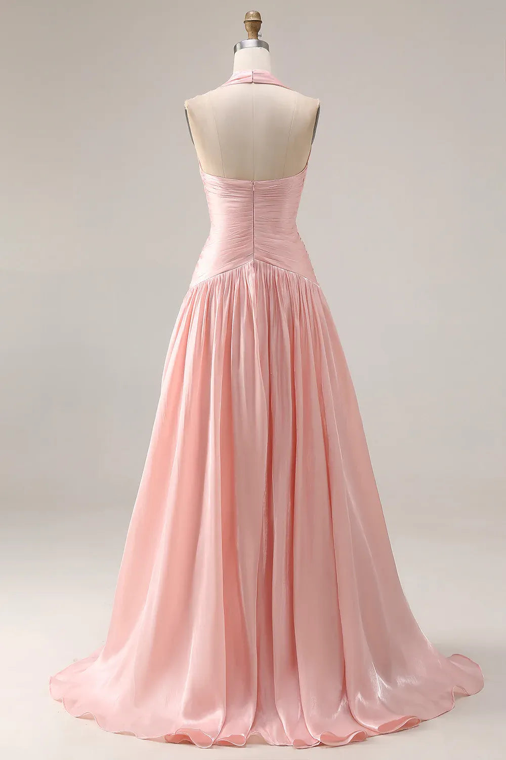 Halter V Nek Ruched Halter Blush Long Prom Dress With Slit