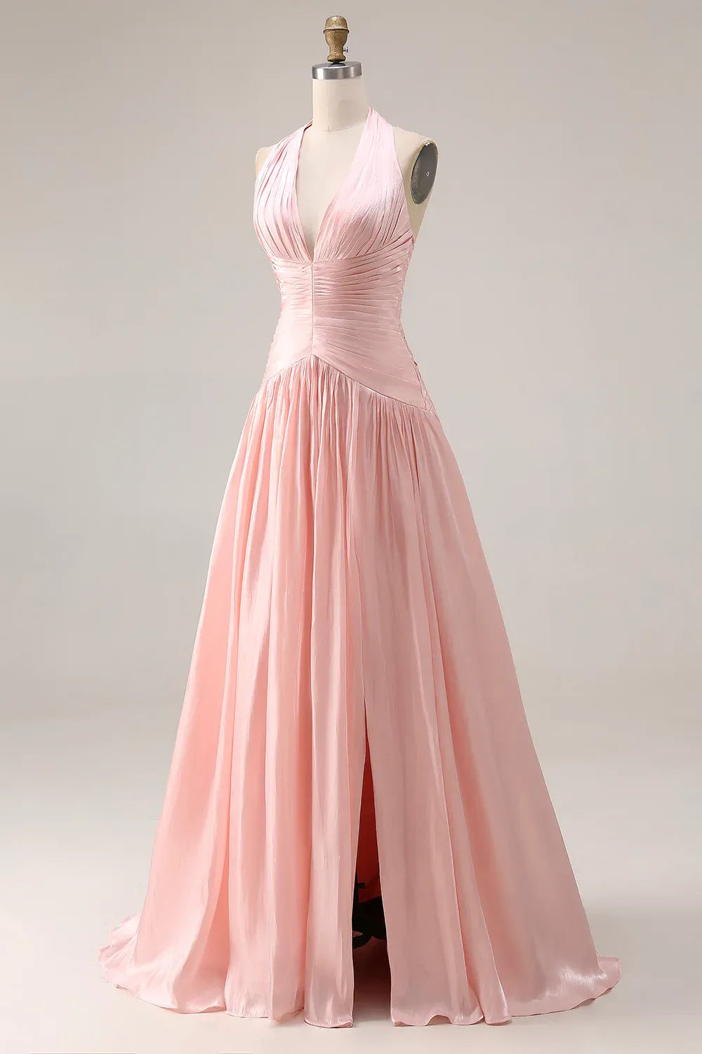 Halter V Nek Ruched Halter Blush Long Prom Dress With Slit