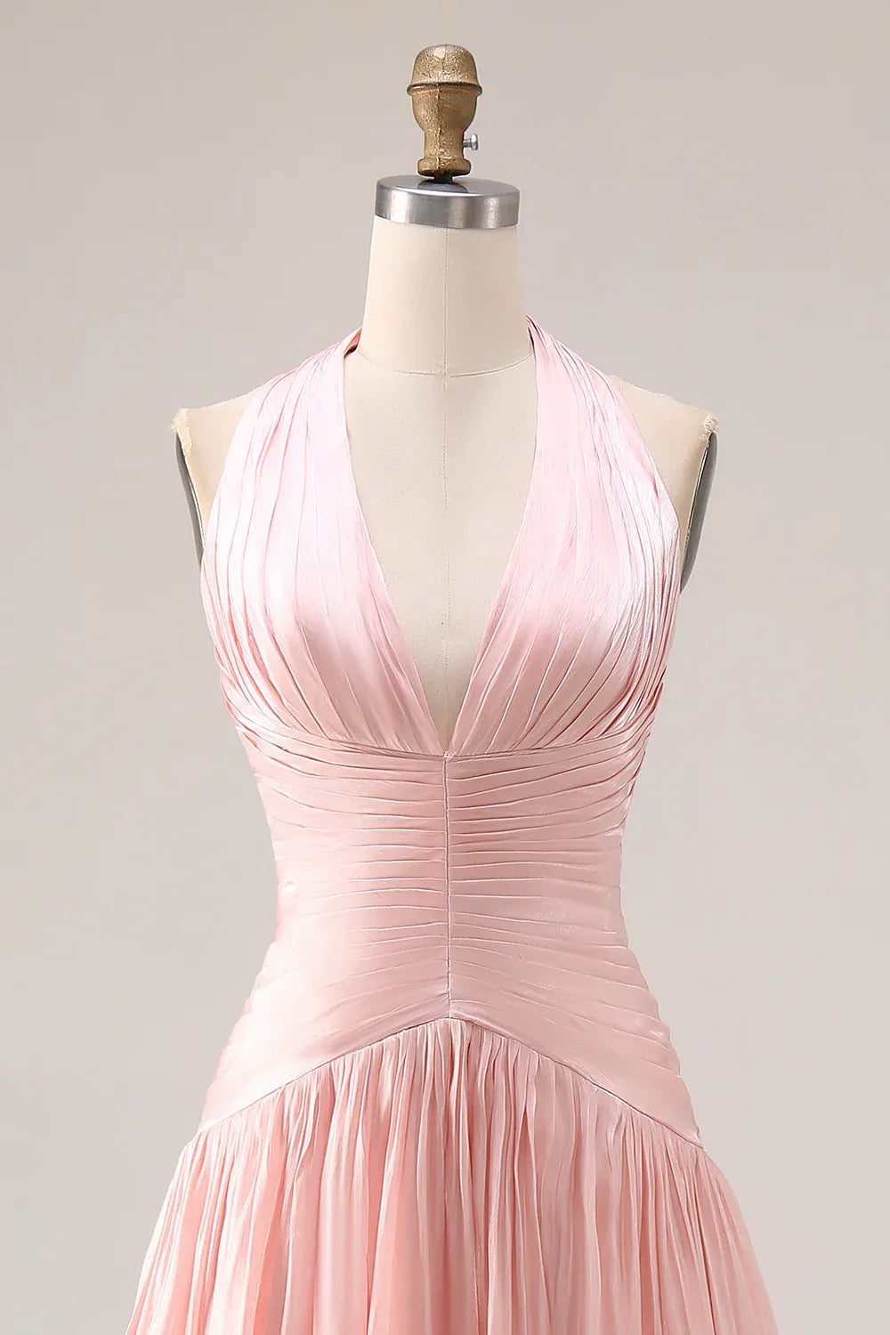 Halter V Nek Ruched Halter Blush Long Prom Dress With Slit