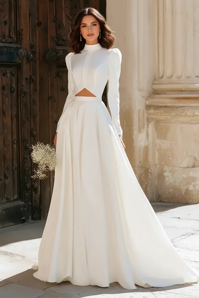 Ivory High Neck Long Sleeve Cutout Maxi Wedding Dress