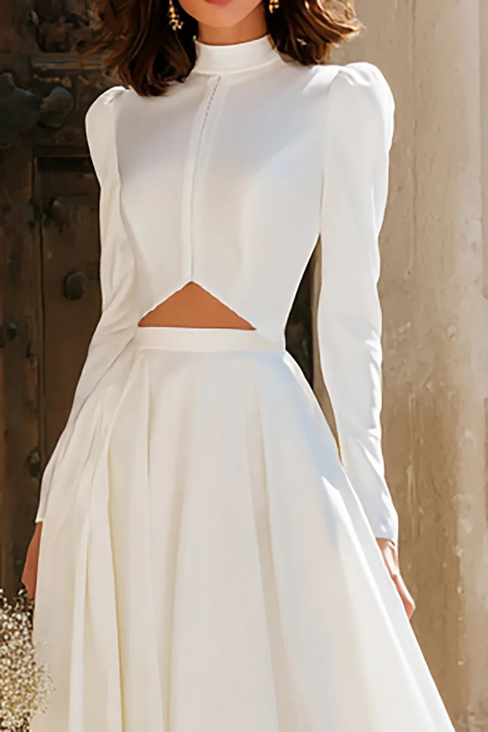 Ivory High Neck Long Sleeve Cutout Maxi Wedding Dress