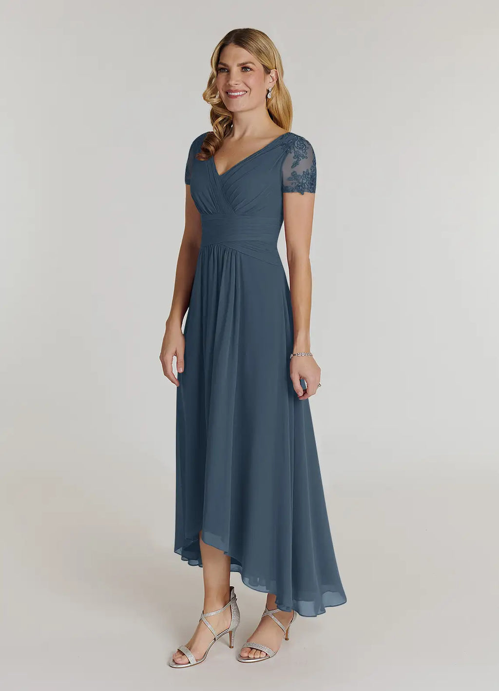 Blue Mother of the Bride Dress with Short Sleeves Surplice V - Neck Ruched Waist and High Low Hem