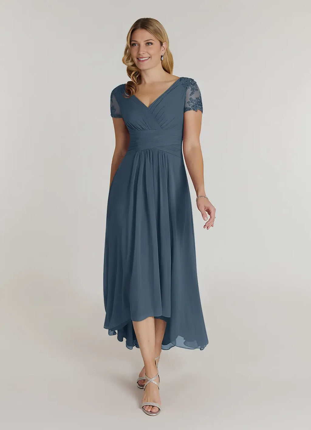 Blue Mother of the Bride Dress with Short Sleeves Surplice V - Neck Ruched Waist and High Low Hem