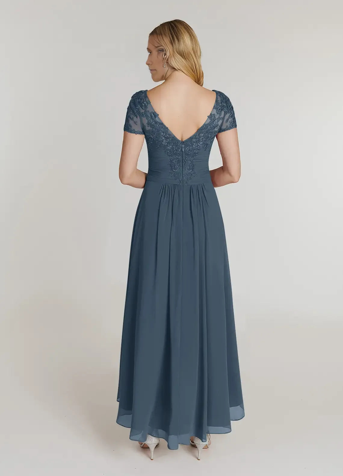 Blue Mother of the Bride Dress with Short Sleeves Surplice V - Neck Ruched Waist and High Low Hem