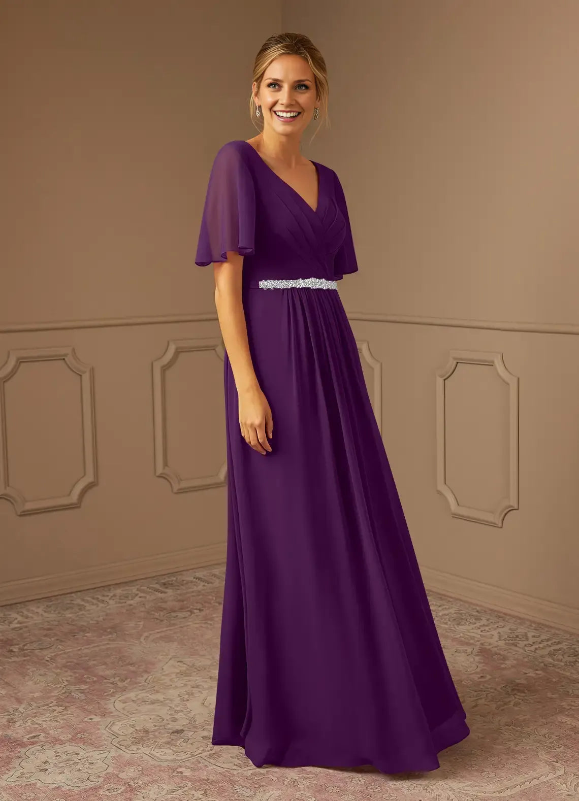 Stylish Elegant Chiffon A-Line V-Neck Pleated Mini Mother of the Bride Dress