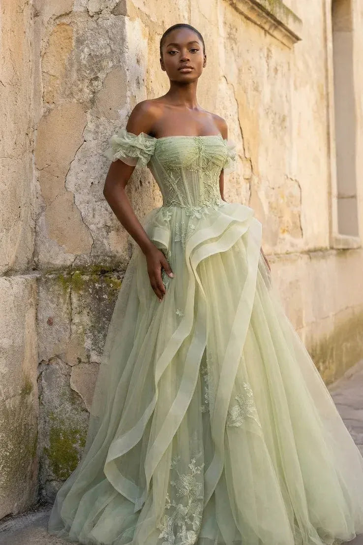 Sage Green Off-Shoulder Corset Beaded Long Wedding Dress