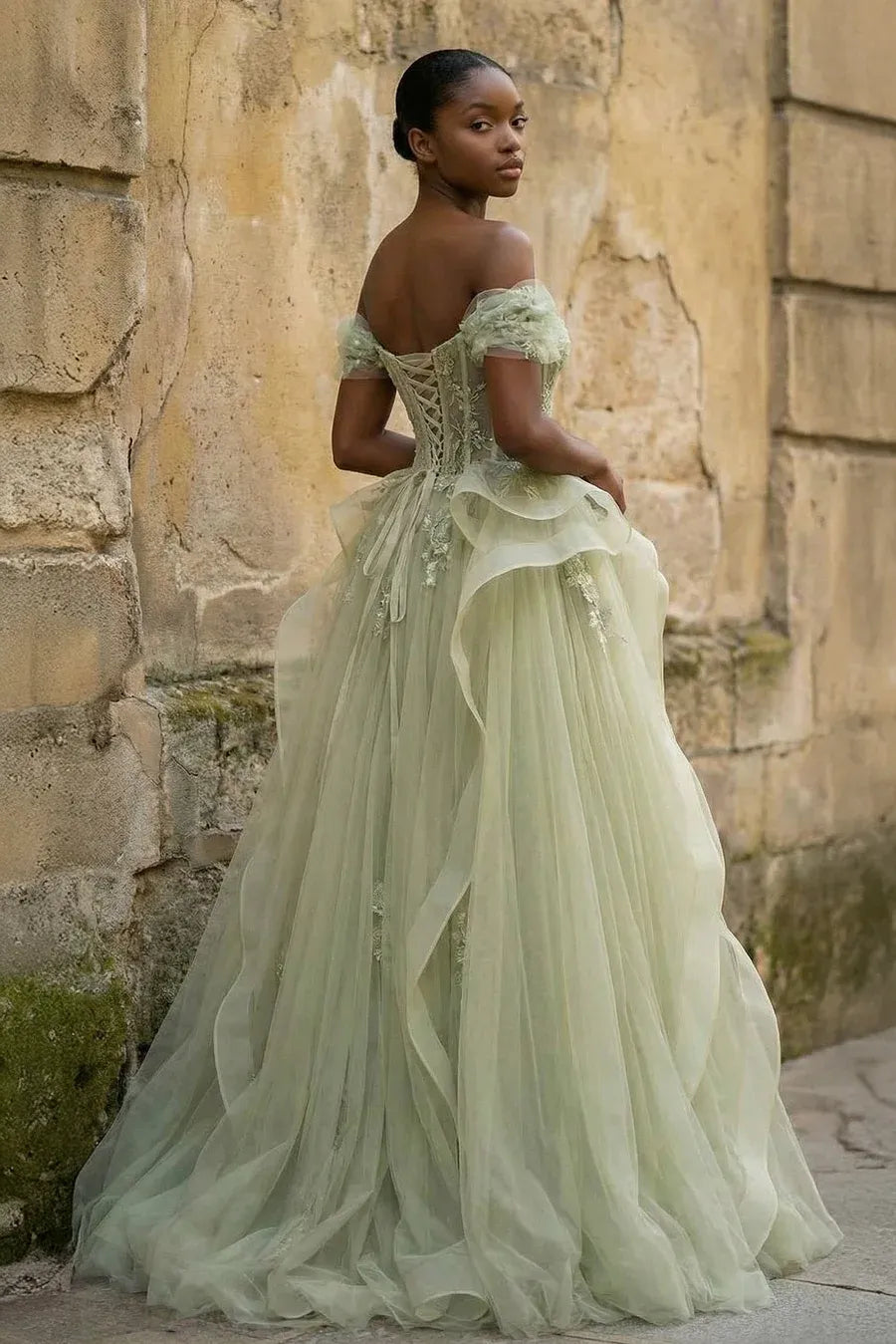 Sage Green Off-Shoulder Corset Beaded Long Wedding Dress