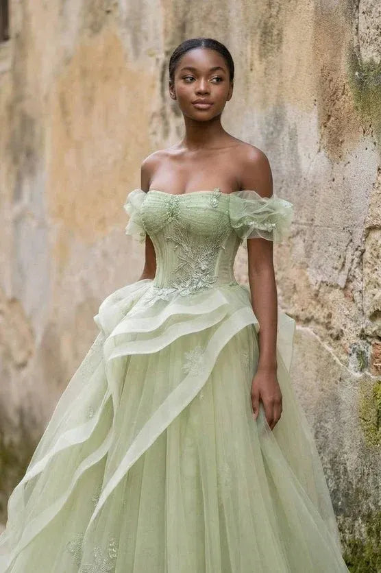 Sage Green Off-Shoulder Corset Beaded Long Wedding Dress