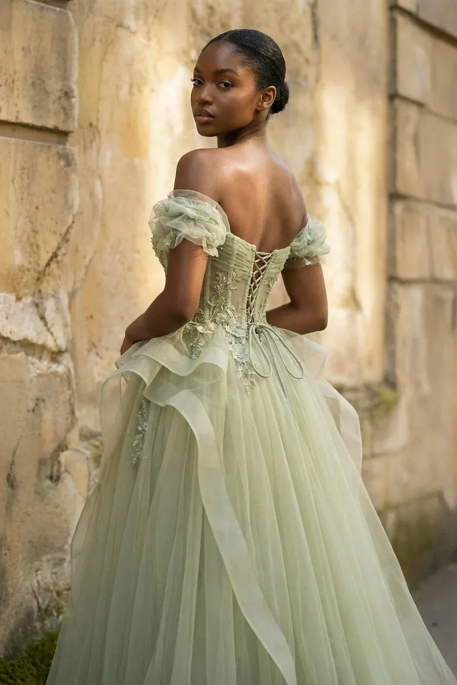 Sage Green Off-Shoulder Corset Beaded Long Wedding Dress