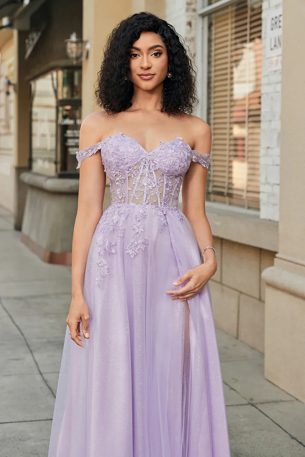 Lavender Off-Shoulder Corset Applique Long Prom Dress