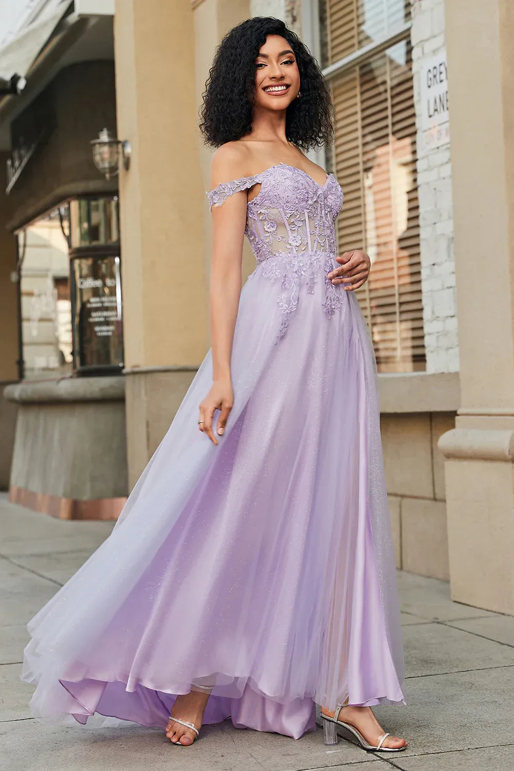 Lavender Off-Shoulder Corset Applique Long Prom Dress
