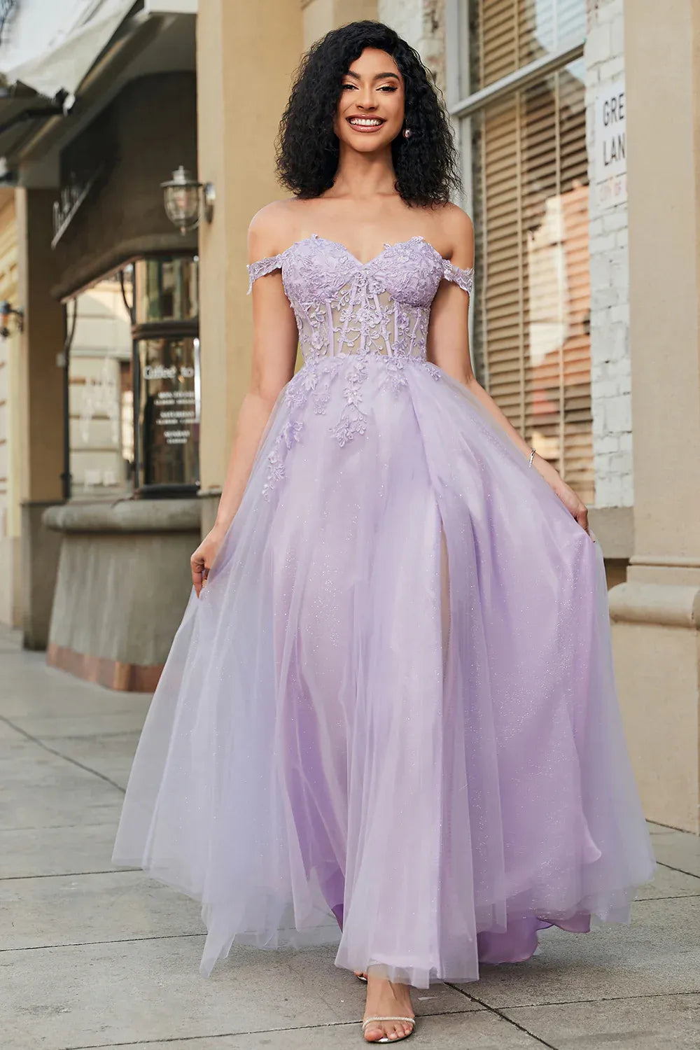 Lavender Off-Shoulder Corset Applique Long Prom Dress