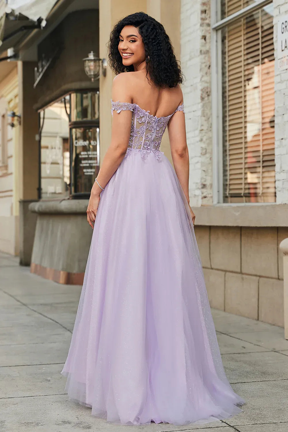 Lavender Off-Shoulder Corset Applique Long Prom Dress
