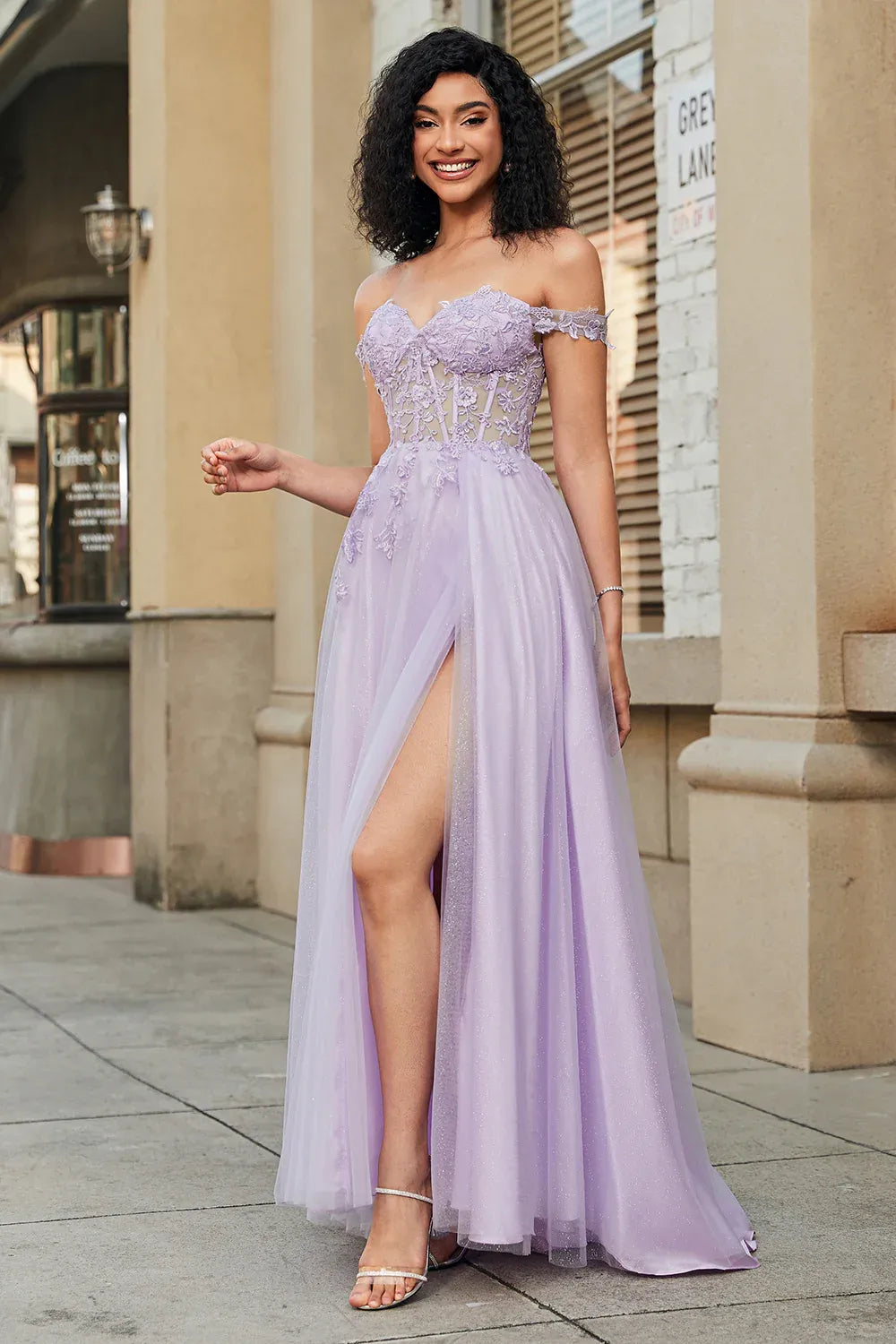 Lavender Off-Shoulder Corset Applique Long Prom Dress