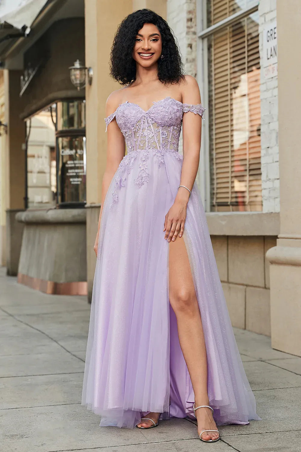 Lavender Off-Shoulder Corset Applique Long Prom Dress