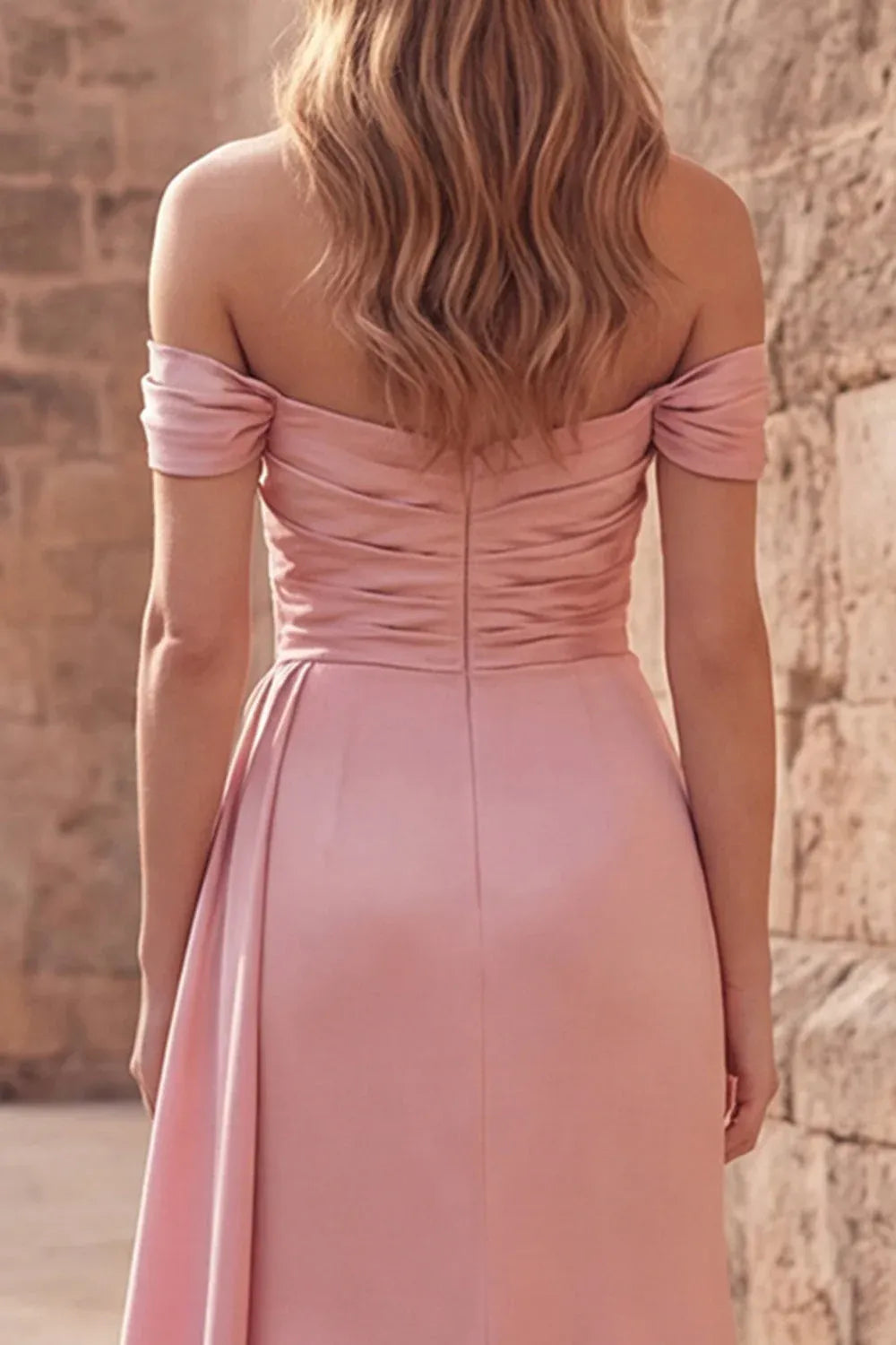 Dusty Pink Off-Shoulder Ruched Dusty Long Prom Dress With Streamer