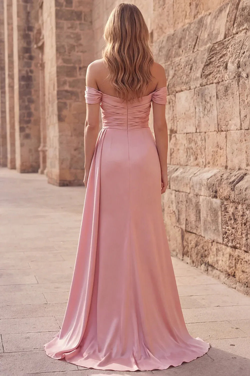 Dusty Pink Off-Shoulder Ruched Dusty Long Prom Dress With Streamer