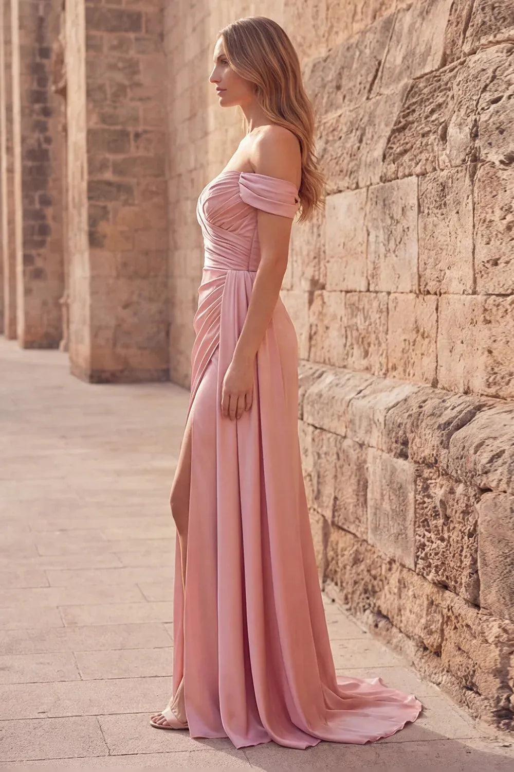 Dusty Pink Off-Shoulder Ruched Dusty Long Prom Dress With Streamer