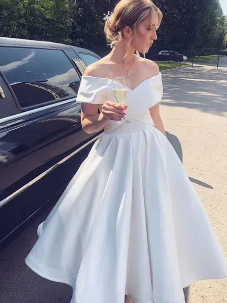 White Off-Shoulder Twisted Flared Tea Length Homecoming Dress