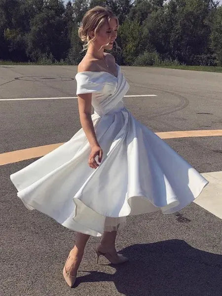 White Off-Shoulder Twisted Flared Tea Length Homecoming Dress