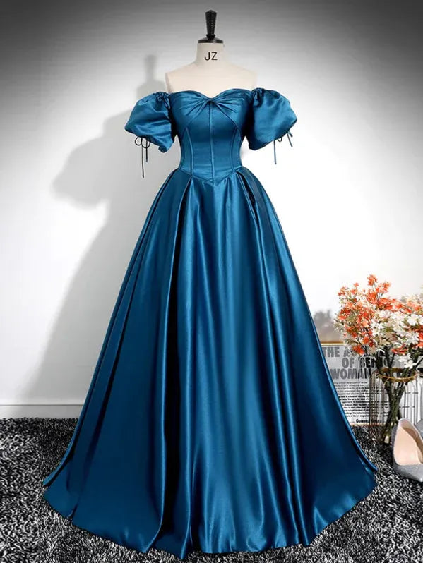 Teal Off Shoulder Puff Sleeve Pleated Floor Length Prom Dress