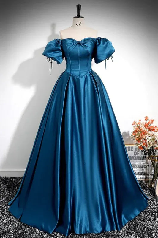 Teal Off Shoulder Puff Sleeve Pleated Floor Length Prom Dress