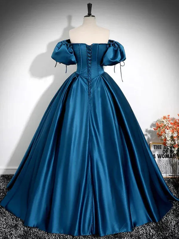 Teal Off Shoulder Puff Sleeve Pleated Floor Length Prom Dress