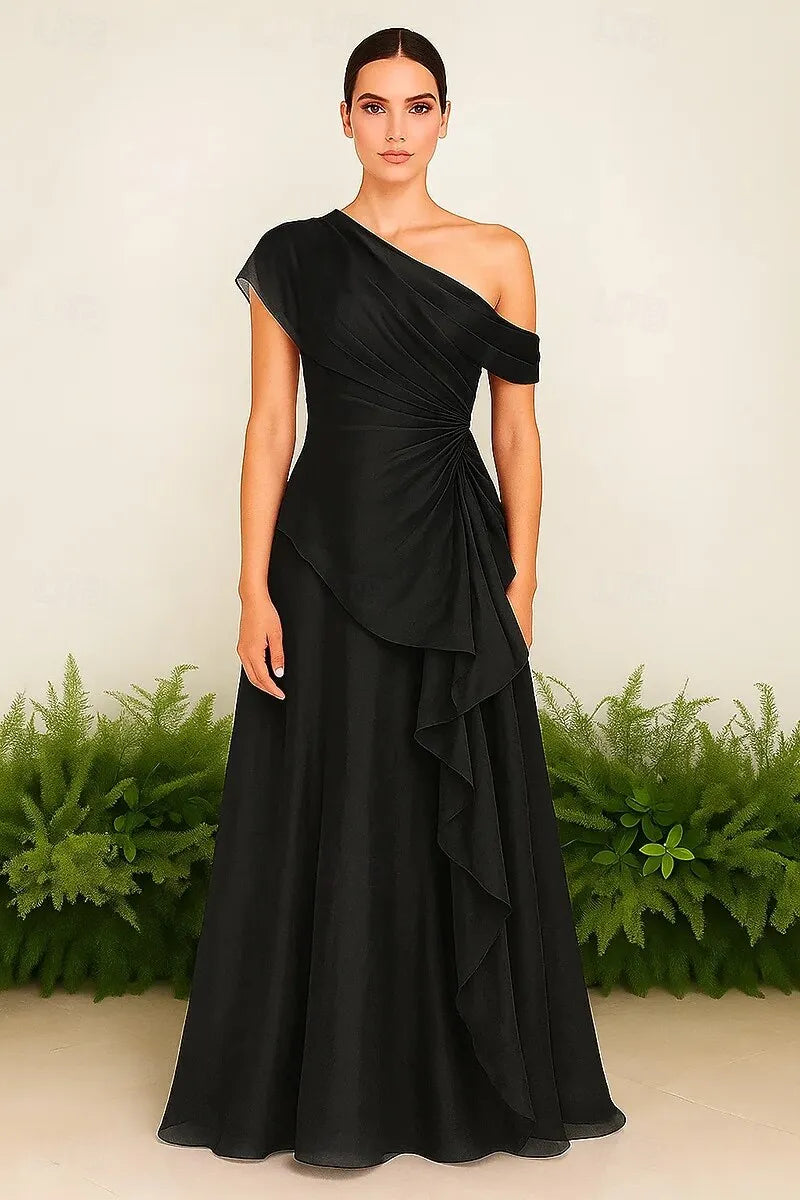 One-Shoulder Ruched Ruffle Fuchsia Maxi Prom Dress
