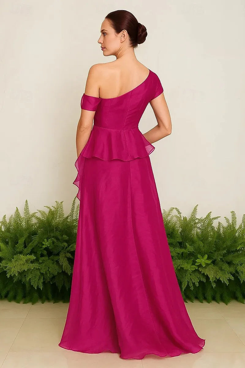 One-Shoulder Ruched Ruffle Fuchsia Maxi Prom Dress
