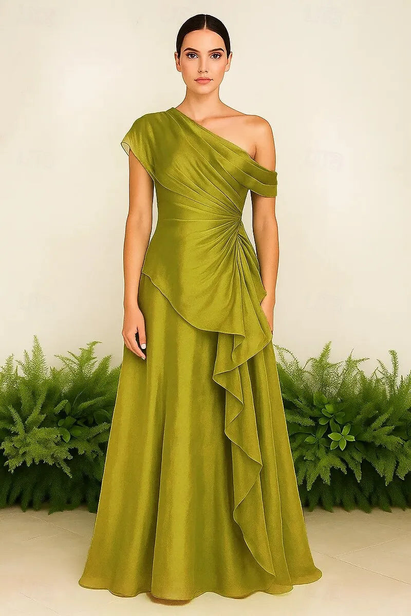 One-Shoulder Ruched Ruffle Fuchsia Maxi Prom Dress