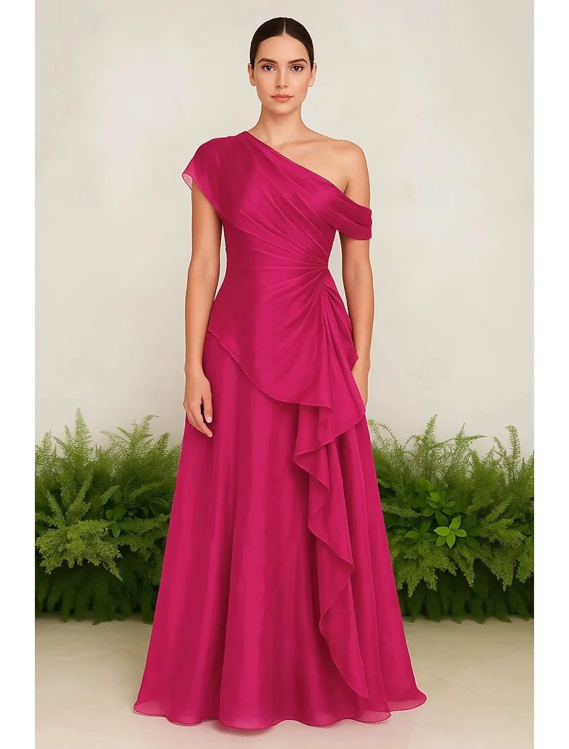 One-Shoulder Ruched Ruffle Fuchsia Maxi Prom Dress
