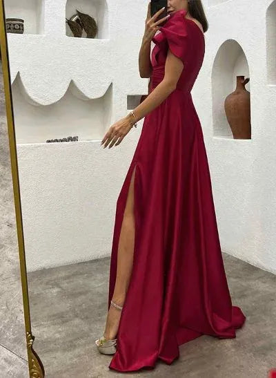 Burgundy One-Shoulder Short Sleeve Ruffle Prom Dress With Slit Hot Sale