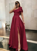 Burgundy One-Shoulder Short Sleeve Ruffle Prom Dress With Slit Hot Sale
