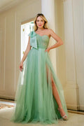 Sage Green One Shoulder Bow Floor Length Prom Dress