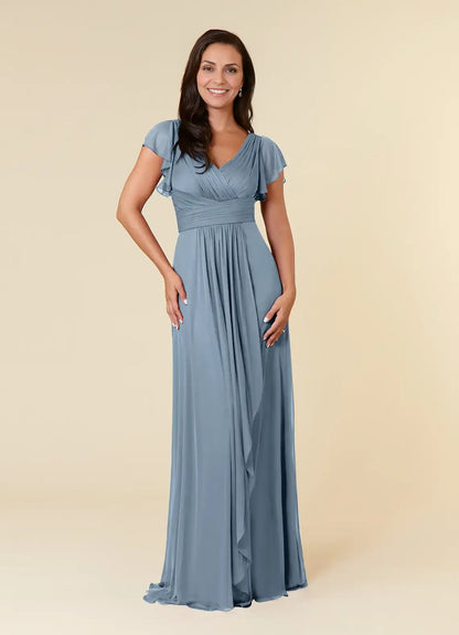 Elegant Dusty Blue A-Line V-Neck Short Sleeve Floor-Length Mother of the Bride Dress