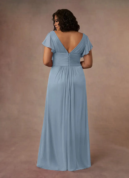 Elegant Dusty Blue A-Line V-Neck Short Sleeve Floor-Length Mother of the Bride Dress