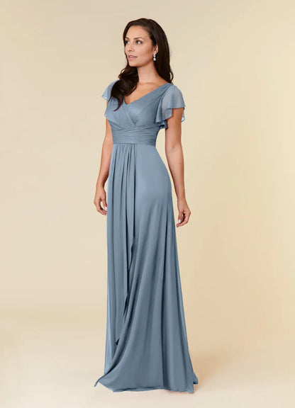 Elegant Dusty Blue A-Line V-Neck Short Sleeve Floor-Length Mother of the Bride Dress