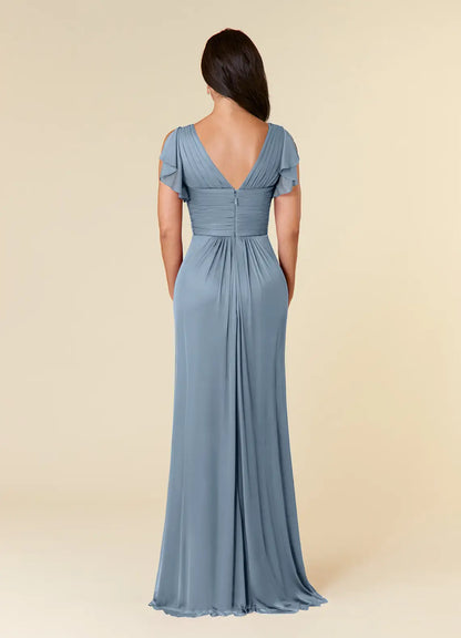 Elegant Dusty Blue A-Line V-Neck Short Sleeve Floor-Length Mother of the Bride Dress