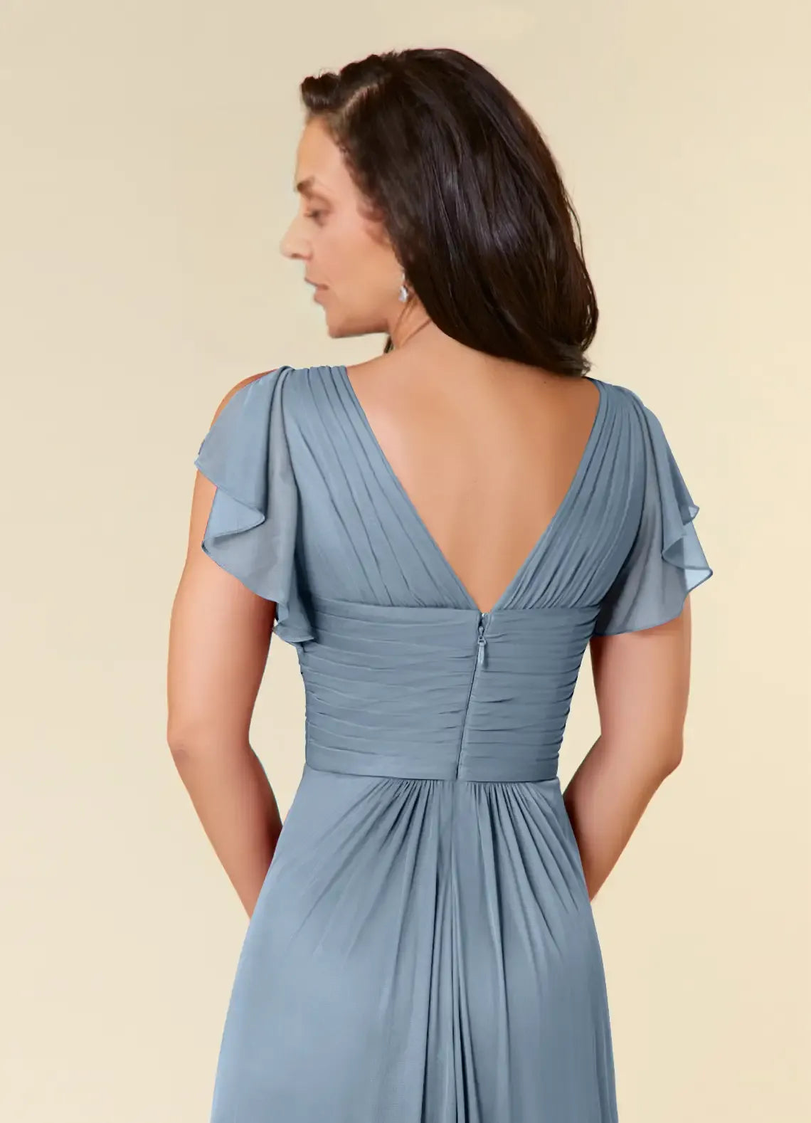 Elegant Dusty Blue A-Line V-Neck Short Sleeve Floor-Length Mother of the Bride Dress