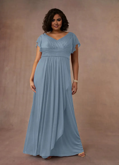 Elegant Dusty Blue A-Line V-Neck Short Sleeve Floor-Length Mother of the Bride Dress