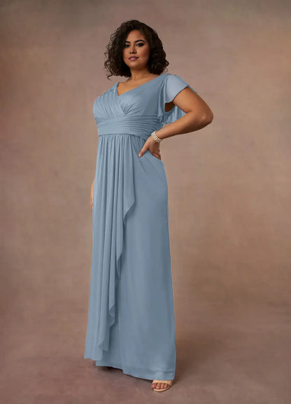 Elegant Dusty Blue A-Line V-Neck Short Sleeve Floor-Length Mother of the Bride Dress