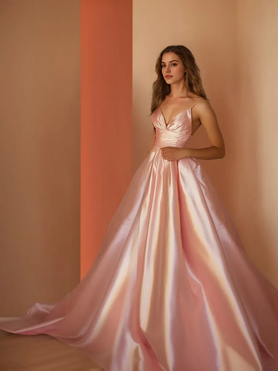 Princess Spaghetti Straps V-Neck Floor-Length Ruched Prom Dresses