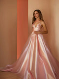 Princess Spaghetti Straps V-Neck Floor-Length Ruched Prom Dresses