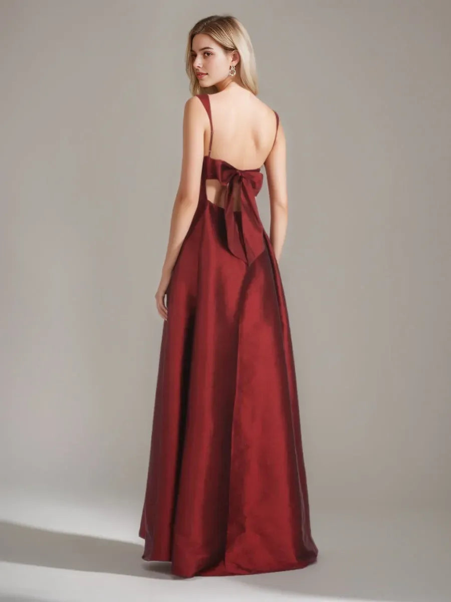 Princess Square Neckline Floor-length Prom Dresses with Bowknot