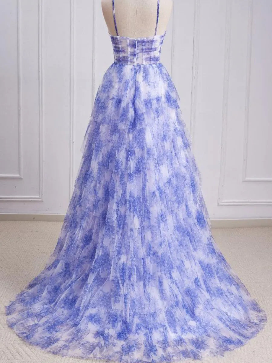 Princess Strapless Sweetheart Long Prom Dresses With Printed Flower Ruffles