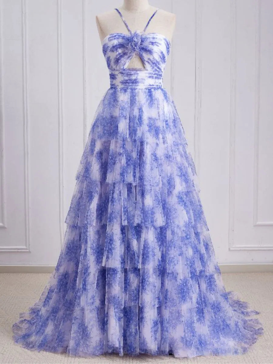 Princess Strapless Sweetheart Long Prom Dresses With Printed Flower Ruffles