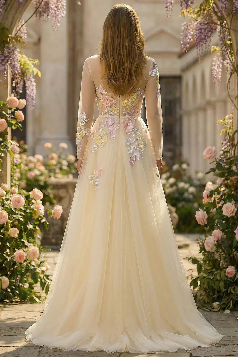 Round Neck Long Sleeve Corset Appliqued Champagne Maxi Prom Dress